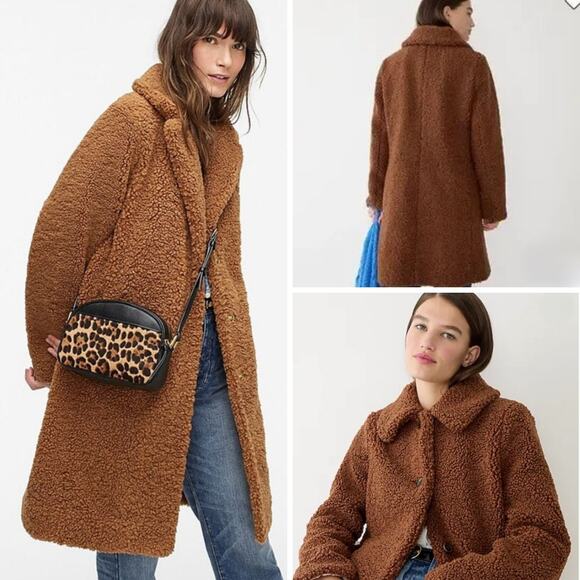 J CREW COAT M TEDDY SHERPA BROWN LONG CHESTNUT CAMEL LONGLINE ESPRESSO MARTINI - Picture 1 of 15